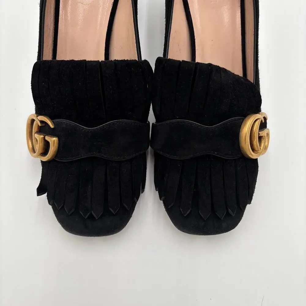 Gucci Marmont GG Fringe Kiltie Block Mid Heel Loafer Pumps Black Suede Size 37 - Picture 4 of 15
